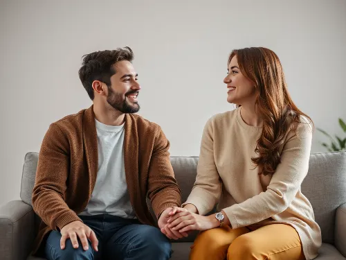 Happy couple in premarital counseling session