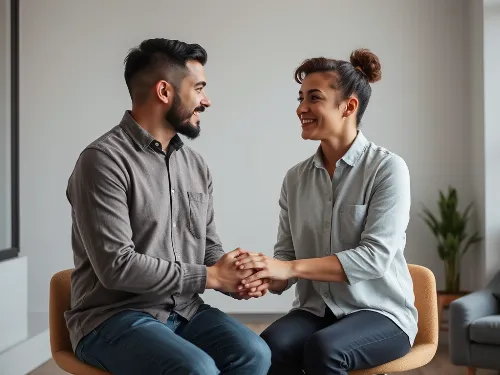 Couple reconciling in a coaching session
