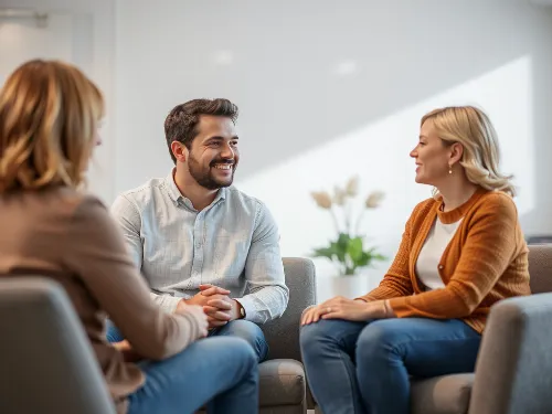 Happy couple engaged in premarital counseling, planning their future