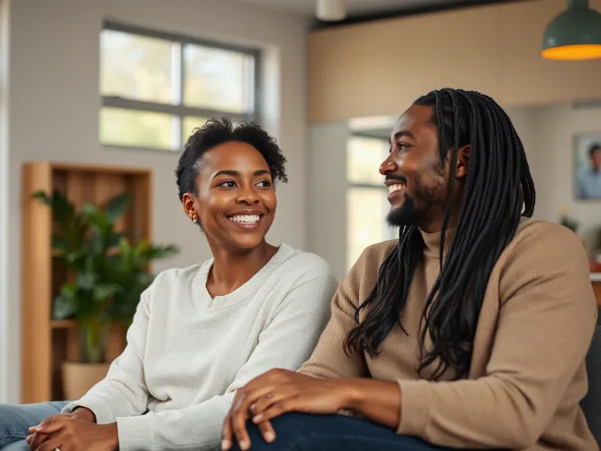 Happy couple in a stable relationship receiving coaching